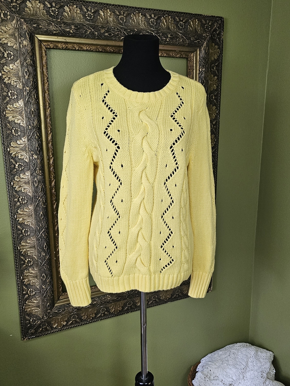 Talbots Lemon Yellow Cable Knit Pointelle Cotton Sweater Pullover Size M